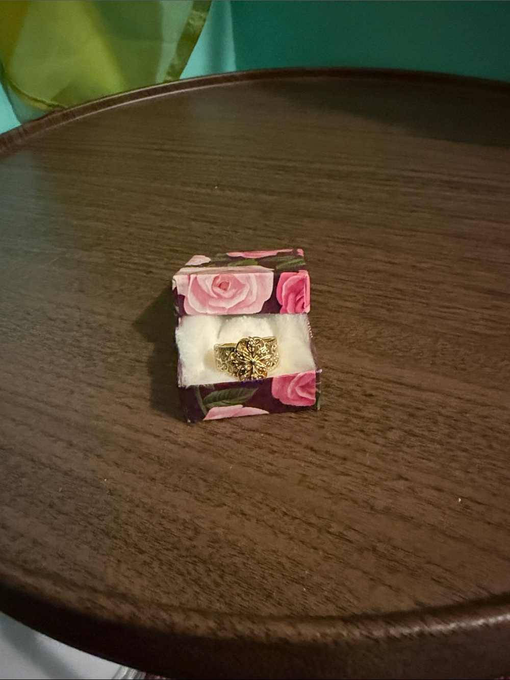 Gold Floral Filigree Ring in Pink Rose Box
